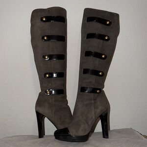 AUTHENTIC FENDI Military Boots Suede Grey Patent Leather Black Gold Wmns EU 36